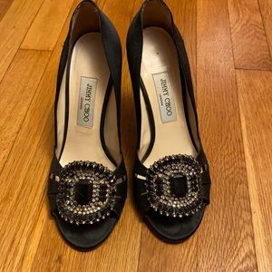 Jimmy Choo Satin Crystal Buckle Open Toed Heels